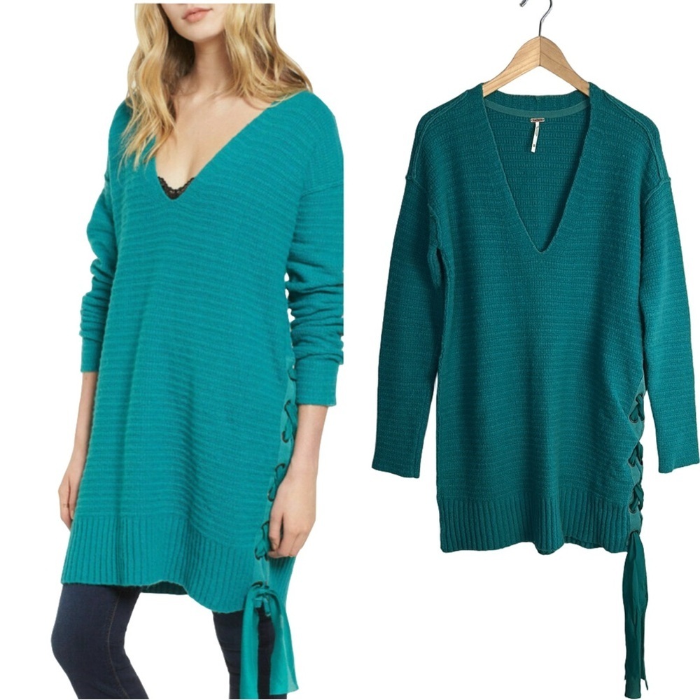 NEW Free People Hearts in Laces Sweater in Sky XS Relaxed Fit Tunic Length NWT